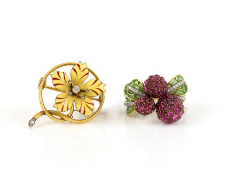  A gold berry and leaf ring, set with rubies, the leaves enamelled and with a line of diamonds, and a vintage brooch  with en