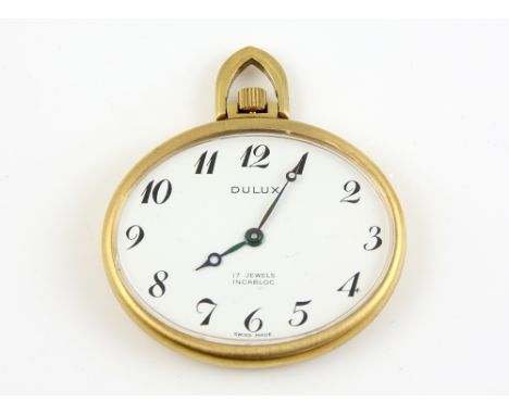 A Dulux oval cased 18 carat  gold open faced pocket watch, the signed dial with Arabic numerals, and fitted with Breguet hand