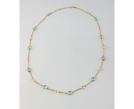 Blue topaz and moonstone necklace, oval checkerboard cut blue topaz and oval cabochon cut moonstone, alternately set, joined 
