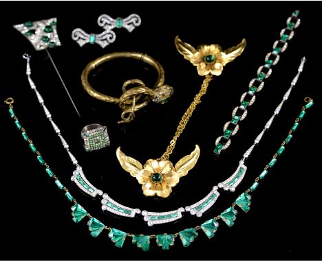 Victorian snake bangle set with green paste, articulated form in gilt metal, other items set with green and clear paste, two 