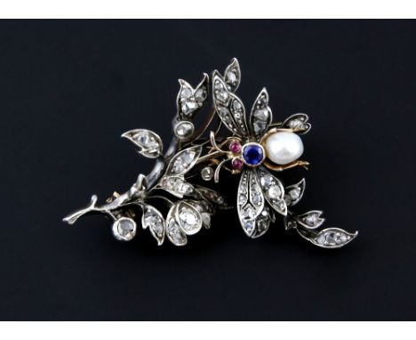 Victorian old cut diamond brooch, floral motif with bug  set with sapphire, pearl and cabochon cut ruby eyes, mount testing a