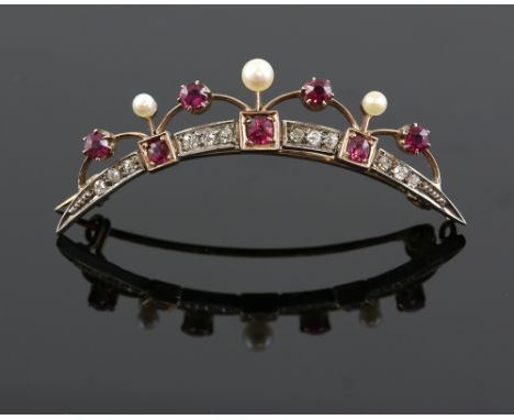 Late Victorian ruby, diamond and pearl, tiara shaped brooch, mount testing as silver and gold registered design mark no 19531