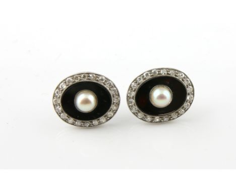 Art Deco diamond pearl and onyx earrings, mounted in white metal testing as 18 ct, with later post fittings testing as 9 ct, 