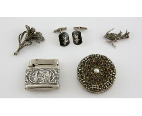 A group of costume jewellery, and Austro-Hungarian pearl and ,pearl and red stone set white metal box stamped 800 German silv