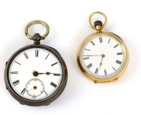 An 18 carat gold open face pocket watch  the unsigned  white enamel dial with black Roman numerals and minute track, gold han