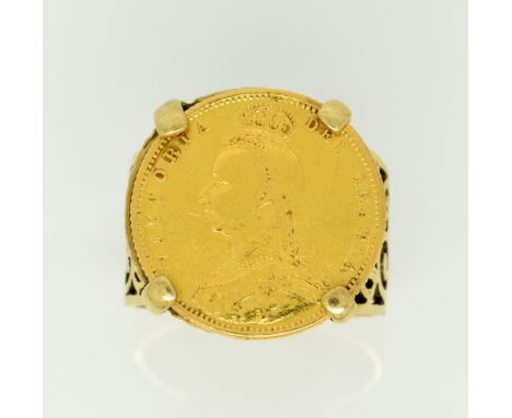 Gold ring set with Victorian 1892 Half Sovereign shield back, coin, yellow metal ring mount, testing as 9ct gold, ring size R