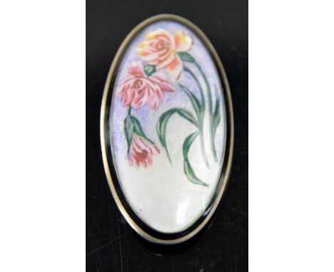 Oval enamel brooch with decoration of roses, another with basket of flowers,   carved mother of pearl pendant and similar bro