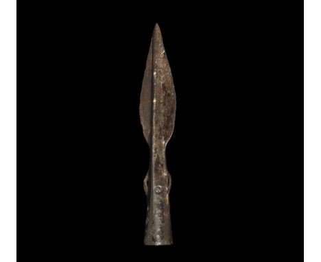 Bronze Age British Side-Looped and Socketted Spearhead 1500-900 BC. A small leaf-shaped blade with lozenge-section midrib; tw