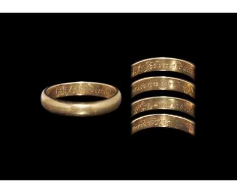 Post Medieval Gold 'As God decreed so wee agreed W A D march 8th 1735' Posy Ring Dated 8th March 1735. A D-section hoop with 