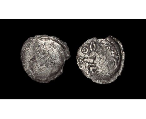Celtic Iron Age Coins - Iceni - Unpublished 'Mildenhall' Type Silver Unit 50-5 BC. Obv: faint traces of design? Rev: horse le