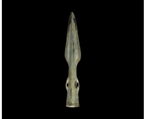 Bronze Age British Side-Looped and Socketted Spearhead 1500-900 BC. A leaf-shaped blade with round-section midrib, bevel to e