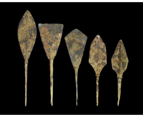 Medieval Iron Arrowhead Collection 12th-16th century AD. A mixed group of large arrowheads comprising: one tanged, three blad