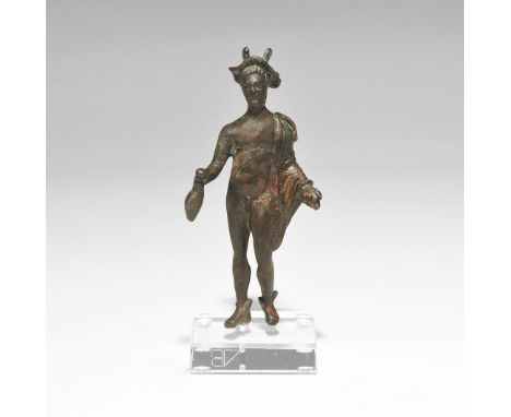 Roman Bronze Statuette of Mercury 1st century BC-1st century AD. A figurine of Mercury standing nude with winged petasos, man