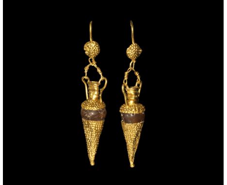 Greek Hellenistic Gold Earring Pair 5th-3rd century BC. A matched pair of earrings in the form of amphorae, each a thick wire