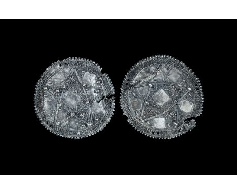 Viking Silver Filigree Star Appliqué Pair 6th-11th century AD. A matched pair of disc appliqués, each with double row of gran