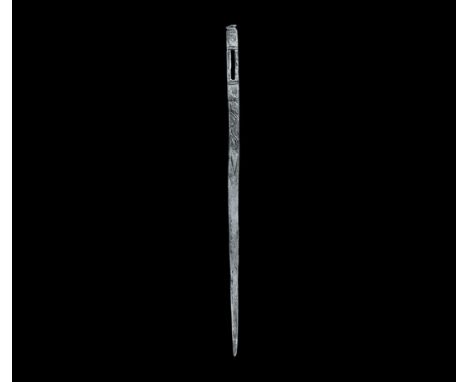 Post Medieval Silver Decorated Bodkin 18th century AD. A rectangular-section bodkin needle tapering to a round-section tip; t