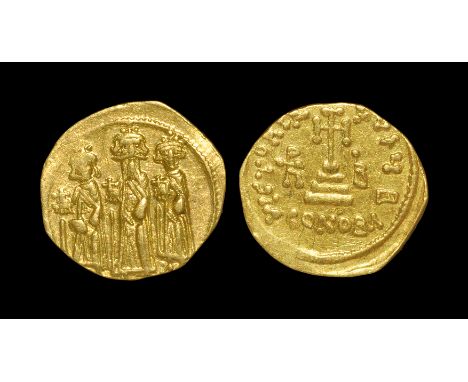 Ancient Byzantine Coins - Heraclius, Heraclius Constantine & Heraclonas - Cross-on-Steps Gold Solidus 610-641 AD, struck AD 6