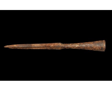 Roman Iron Lancehead 3rd century AD. A slender leaf-shaped blade of diamond cross-section, narrow neck and flared conical soc