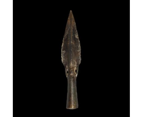 Bronze Age British Basal-Looped and Socketted Spearhead 1800-1500 BC. A substantial leaf-shaped blade with lozenge-section mi