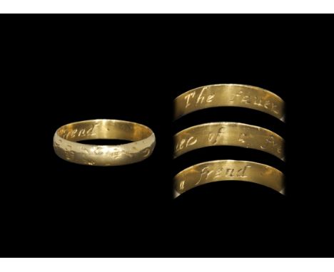 Post Medieval Gold 'The favour of a friend' Posy Ring 18th century AD. A narrow barrel-shaped hoop with running-scroll foliag