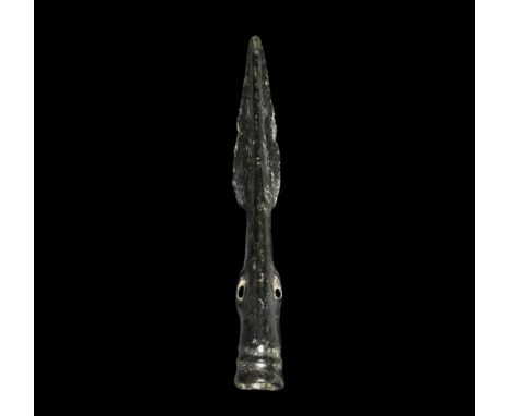 Bronze Age British Side-Looped and Socketted Spearhead 1500-900 BC. A small leaf-shaped blade with lozenge-section midrib; tw