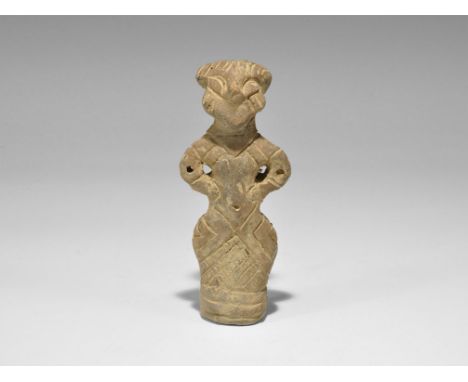 Stone Age Vin?a Ceramic Figure Neolithic, 5000-4000 BC. A terracotta robed figure with C-shaped arms pierced at the elbows, p