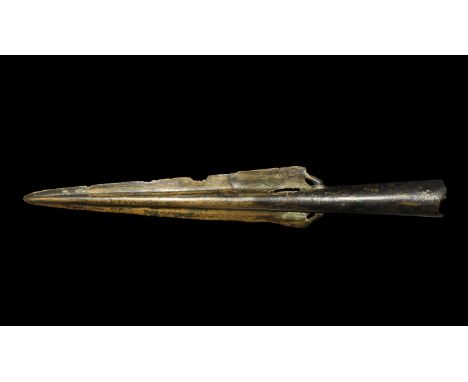 Bronze Age British Basal-Looped and Socketted Spearhead 1800-1500 BC. A large triangular blade with round-section midrib and 