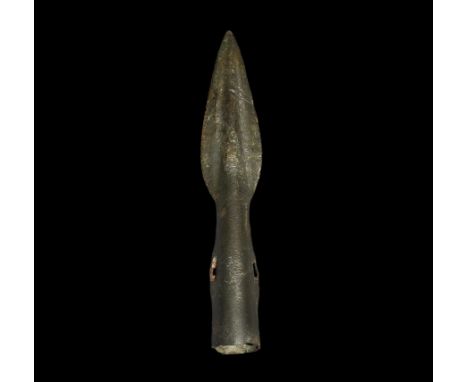 Bronze Age British Side-Looped Spearhead 1400-1300 BC. A small leaf-shaped blade with edge bevel, tubular socket with two sma
