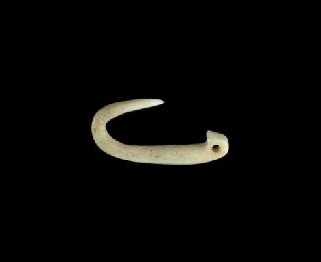 Roman Bone Fish Hook 1st century BC-2nd century AD. A carved round-section fish hook with pierced lug finial. 2.17 grams, 38m