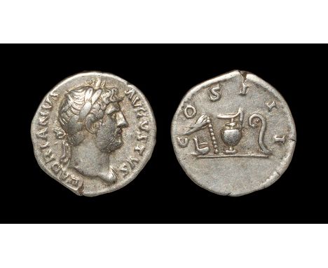 Ancient Roman Imperial Coins - Hadrian - Sacrificial Implements Denarius 125-128 AD, Rome mint. Obv: HADRIANVS AVGVSTVS legen
