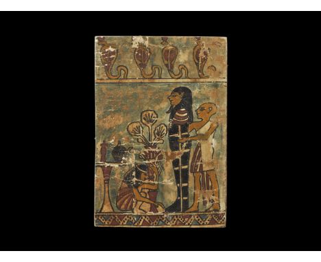 Egyptian Cartonnage Figural Panel with Mummification Scene Late Period, 664-332 BC. A rectangular board-mounted cartonage pan