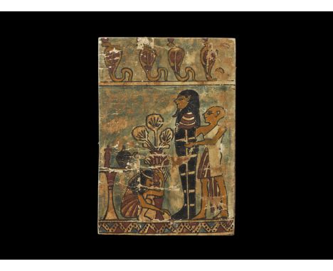 Egyptian Cartonnage Figural Panel with Mummification Scene Late Period, 664-332 BC. A rectangular board-mounted cartonage pan