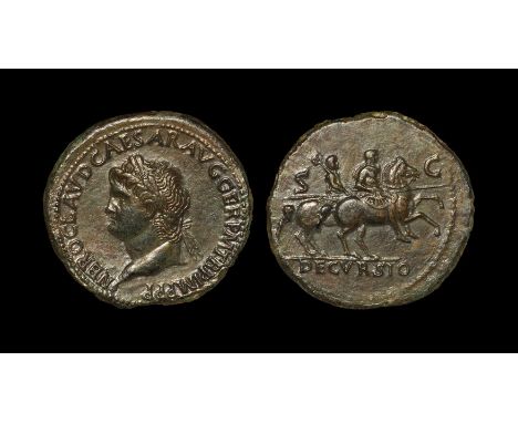 Ancient Roman Imperial Coins - Nero - Emperor and Soldier Riding Sestertius 65 AD, Lyons mint. Obv: NERO CLAVD CAESAR AVG GER