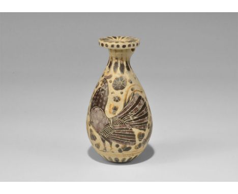 Corinthian Painted Ceramic Aryballos 7th-4th century BC. A slender piriform vessel with flat flange rim, pierced lug handle; 