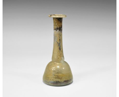 Roman Glass Candlestick Unguentarium 1st-2nd century AD. A pale blue glass unguentarium with conical base, slender neck and e