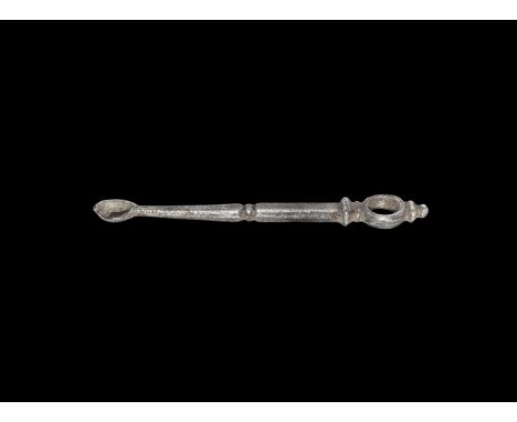 Post Medieval Silver Apothecary's Spoon 16th century AD. A square-section balustered shank with collar and loop, knop finial;