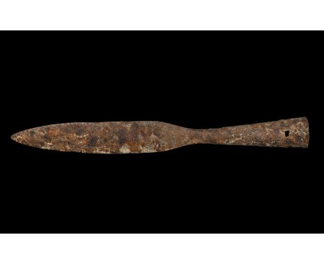 Roman Iron Spearhead 3rd century AD. A hand-forged spearhead with leaf-shaped blade, narrow neck and conical split socket wit