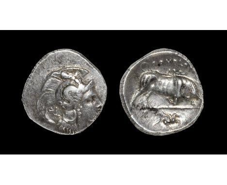 Ancient Greek Coins - Lucania - Thourioi - Bull Stater Circa 350 BC. Obv: head of Athena right, wearing crested Athenian helm