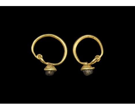 Roman Gold Earring Pair with Cup Settings 2nd century AD. A matched pair of earrings, each comprising a substantial wire hoop