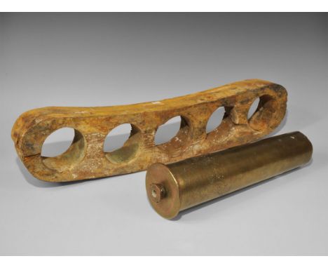 Shipwreck World War One 'HMS Ghurka' Brass Shellcase and Wooden Shell Carrier 20th century AD. A group of two items recovered