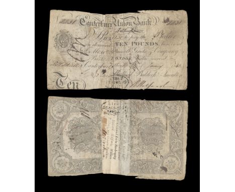 British Banknotes - Canterbury Union Bank - 1840 - Ten Pounds (2231) Dated 30th January 1840, inked number 2231. Obv: printed