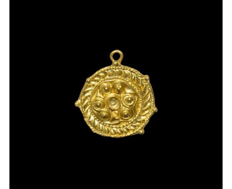 Roman Gold Filigree Pendant 2nd-3rd century AD. A flat-section ring and transverse strap supporting a repoussé plaque of six 