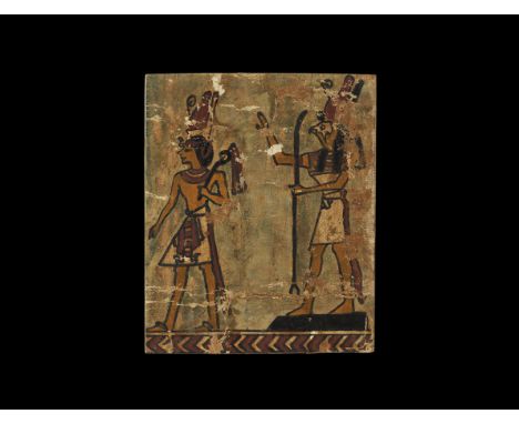 Egyptian Cartonnage Royal Figural Panel with Horus Late Period, 664-332 BC. A rectangular board-mounted panel depicting Horus