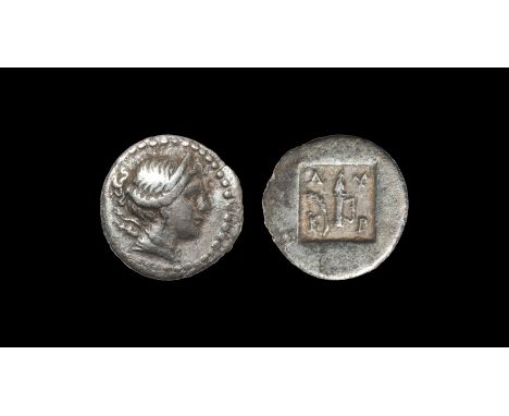 Ancient Greek Coins - Lycia - Kragos - Quarter Drachm Circa 30-27 BC. Obv: head of Artemis right, hair rolled, bow and quiver