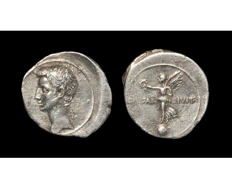 Ancient Roman Imperial Coins - Octavian - Victory Denarius 31-30 BC, mint in Italy. Obv: bare head left. Rev: CAESAR - DIVI F