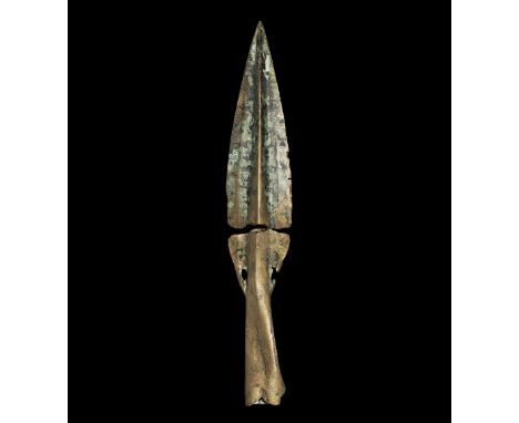 Bronze Age British Basal-Looped and Socketted Spearhead 1800-1500 BC. A large leaf-shaped blade with lozenge-section midrib a