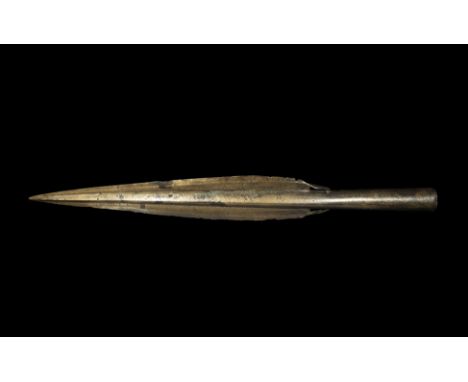 Bronze Age Large Type 3 Basal-Looped Spearhead 1500-1100 BC. A complete and very large basal-looped spearhead with long leaf-