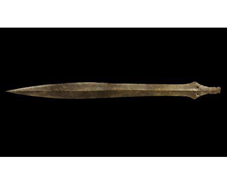 Bronze Age 'Ballintober' Type Sword 1200-1000 BC. A long, leaf-shaped blade with midrib, flared lozengiform shoulders and not