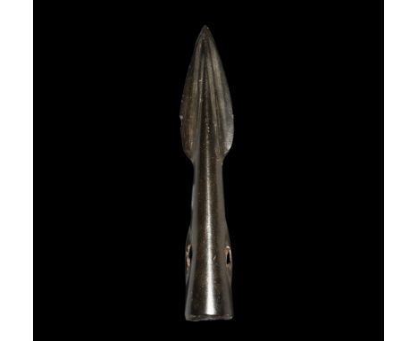 Bronze Age British Side-Looped Spearhead 1400-1300 BC. A small leaf-shaped blade with stepped profile and edge bevel, long tu