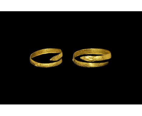 Roman Gold Coiled Snake Ring 1st-2nd century AD. A flat-section hoop with incised scale detail, snake-head terminal. 2.17 gra